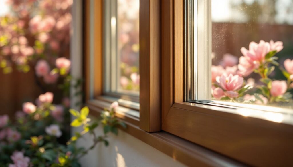 primer plano de ventana de madera con flores