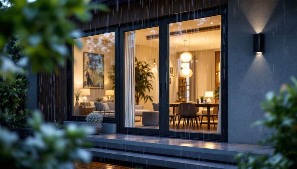ventanas modernas exteriores casa iluminada noche ambiente acogedor