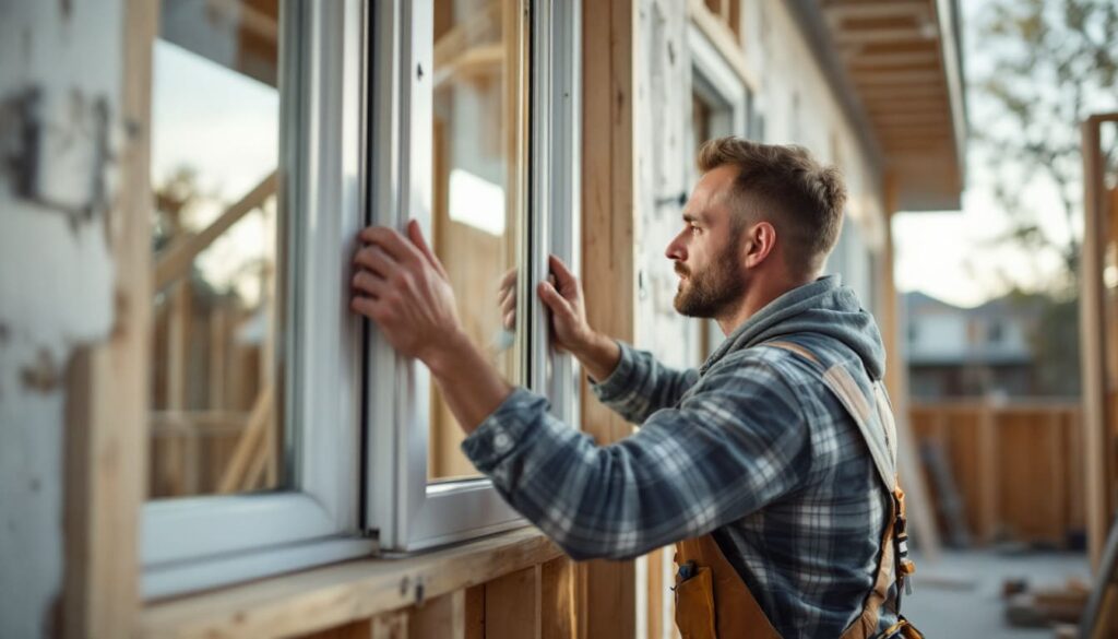 hombre trabajando en instalacion de ventana de madera en casa en construccion
