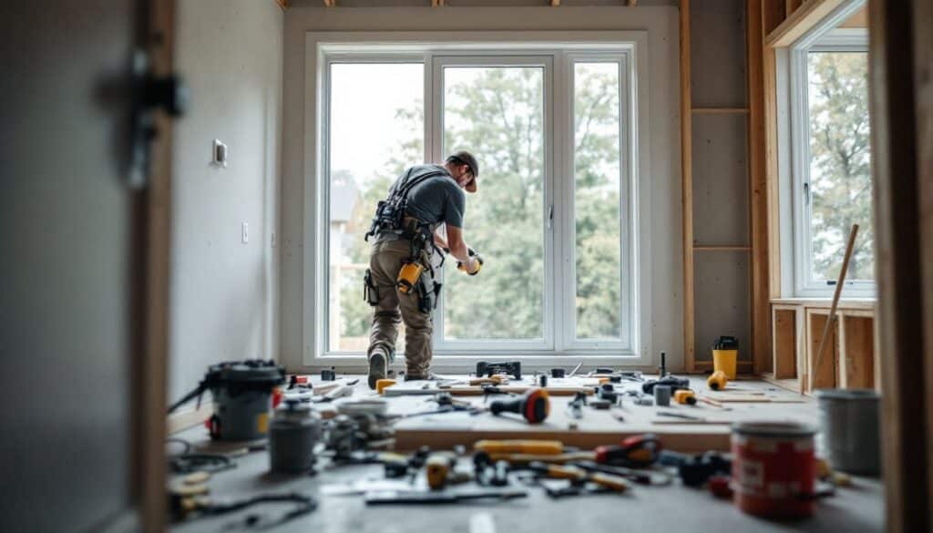 trabajador en obras interiores con herramientas y materiales construccion con foco desenfocado