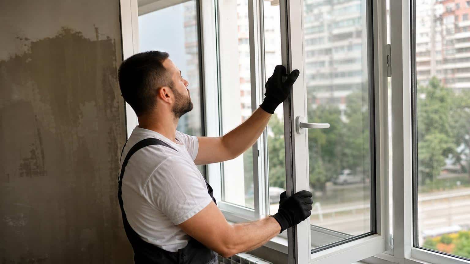 Professional installer in black gloves and overalls fitting a white PVC window frame in a modern apartment overlooking city buildings. Professional installer in black gloves and overalls fitting a white PVC window frame in a modern apartment overlooking city buildings.