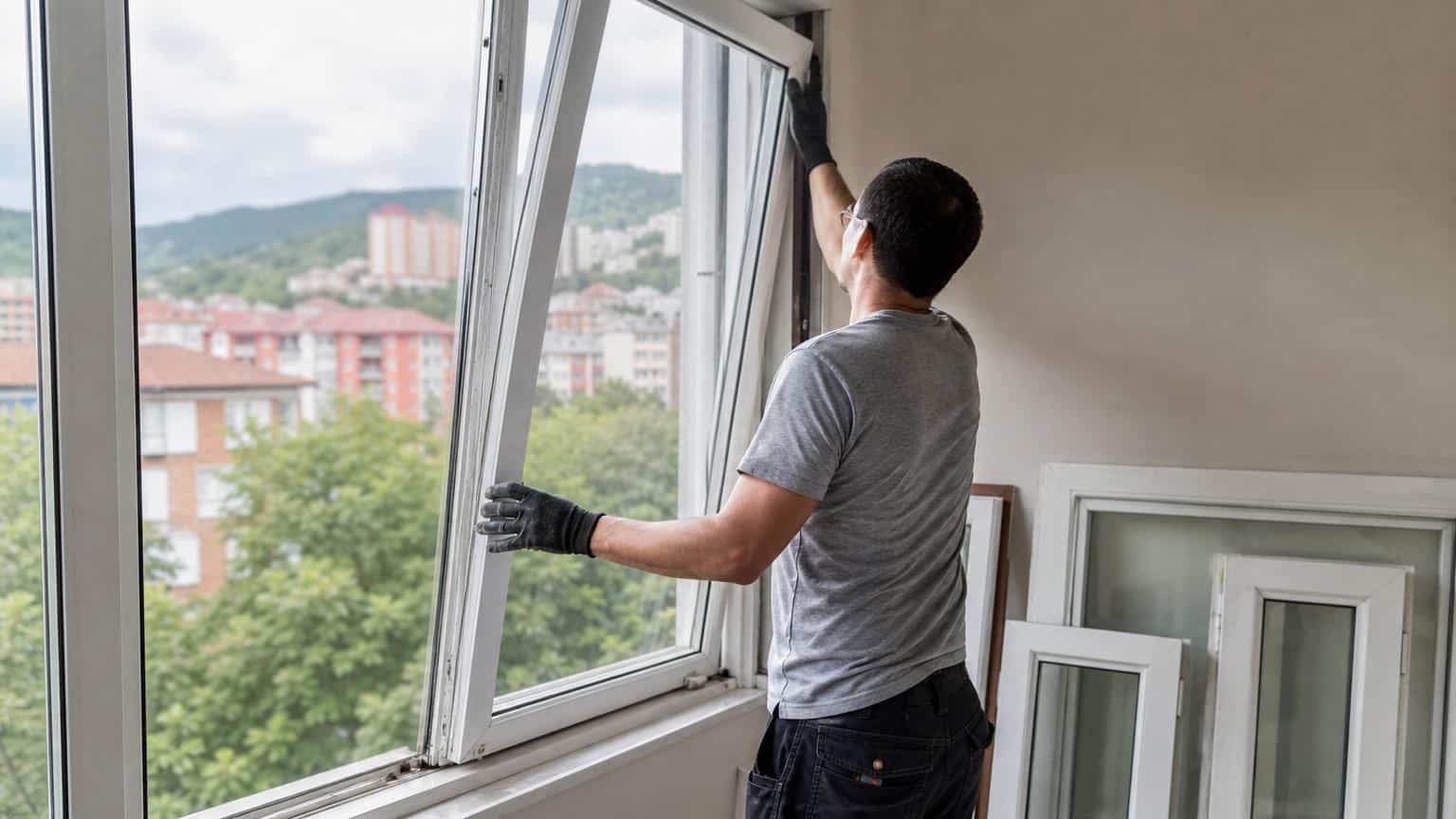 Professional installer in black gloves fitting a white PVC window frame into an apartment overlooking a city with green hills. Professional installer in black gloves fitting a white PVC window frame into an apartment overlooking a city with green hills.